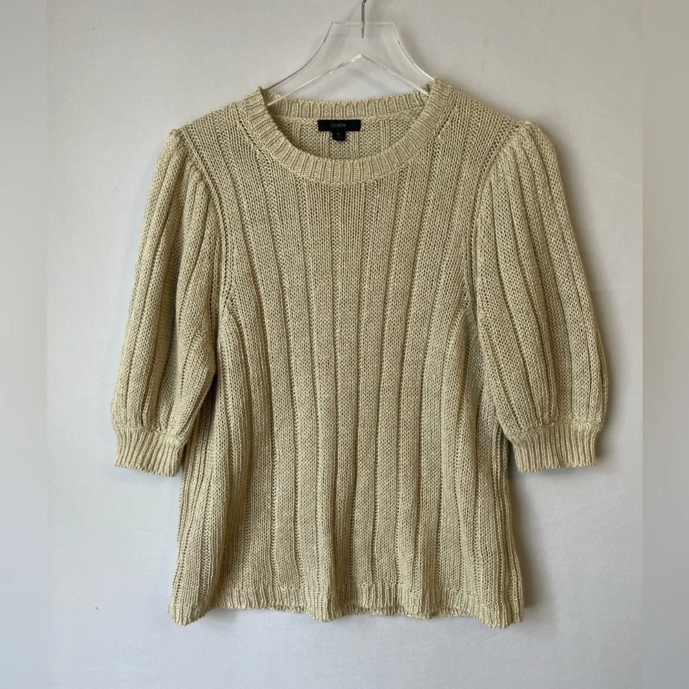 J.Crew Linen Ribbed Short Puff Sleeve Knit Sweater Top L